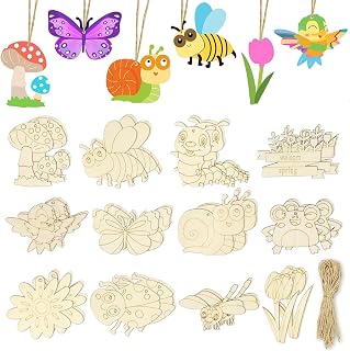 Embhlitfe Juego de 36 piezas de manualidades de madera para niños, 12 estilos de adornos de madera en blanco que incluyen mariposas, abejas, caracoles, forma de flores para pintar, manualidades, hogar