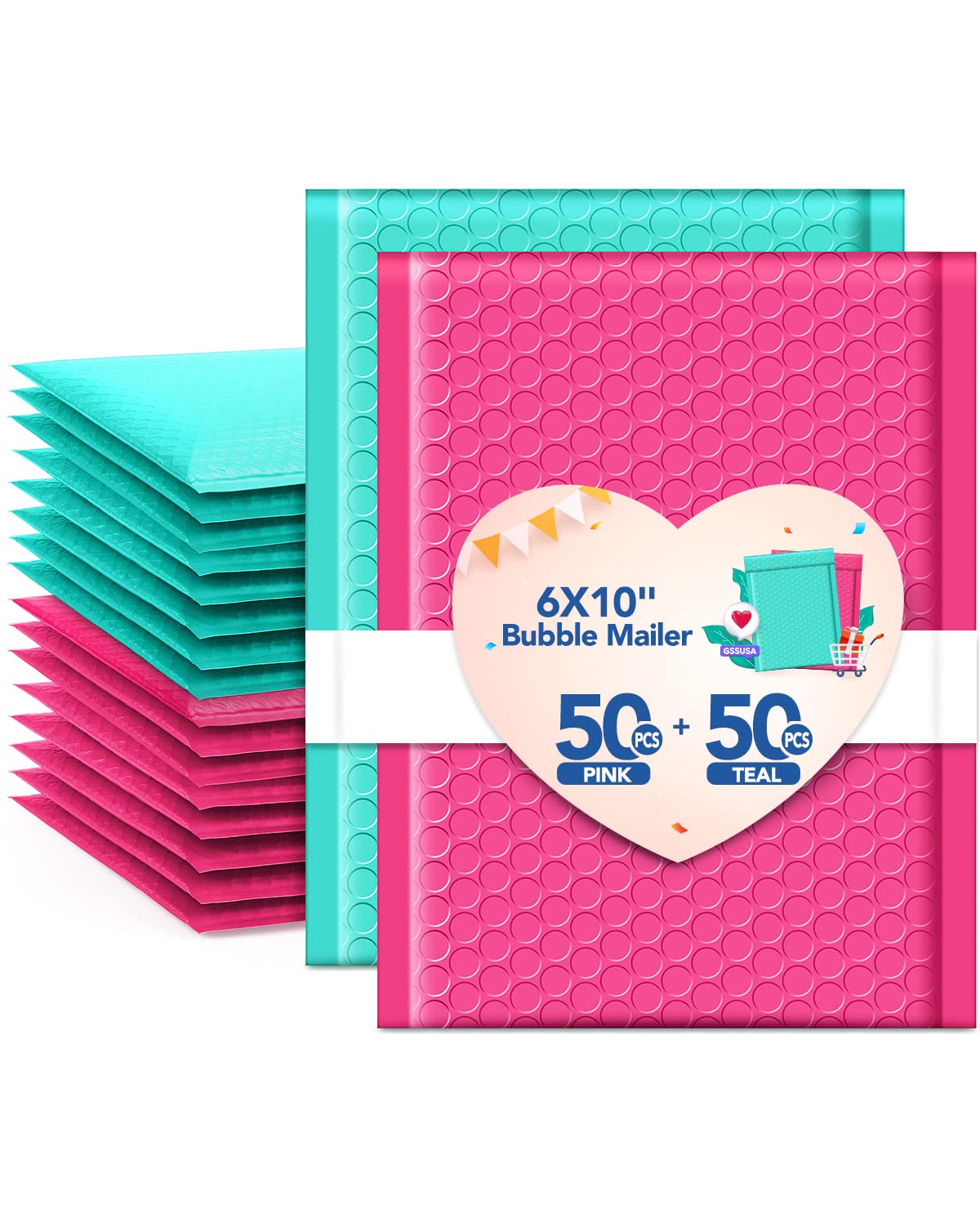 GSSUSA Bubble Mailers 6x10 100 Pack Usable Size 6x9" Small Bubble Mailer Padded Envelopes with 50 Pink & 50 Teal Cute Bubble Mailers Self-Seal Bubble Envelopes Mailing for Small Business, Mixed Colors