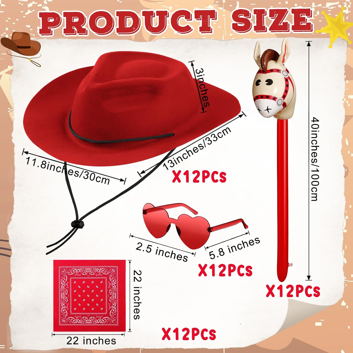 Xtinmee 48 Pcs Kids Cowboy Party Favor with Cowboy Hats Inflatable Stick Horses Bandanas Heart Glasses for Kid Costume(Red)