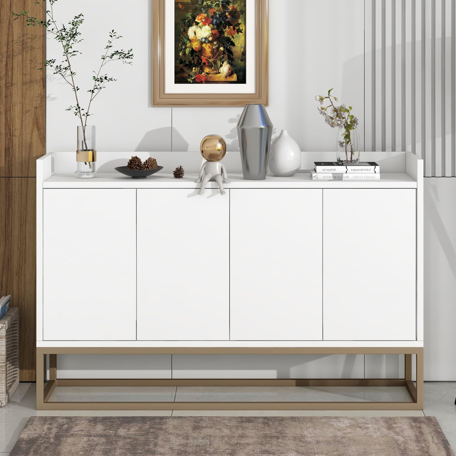 Générique Buffet, Buffet avec Pieds en métal doré, Meuble de Rangement de Style Moderne, Armoire, 4 Portes - 120 x 30 x 80 cm, pour Cuisine, Salle à Manger, Salon (Blanc)