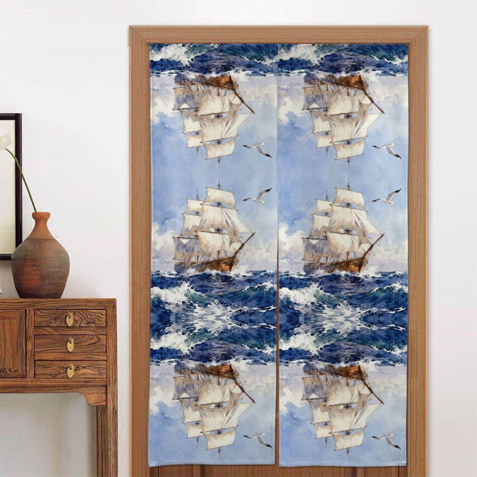 CNTDBU Sailing Ship Ocean Door Curtain 34x56 Inch-Room Divider Panel for Privacy, Entryway Screen for Kitchen Bedroom