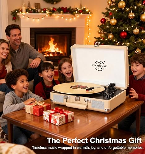 Miniatura 10 de VINYLSLINK - Tocadiscos de vinilo Bluetooth con ajuste de agudos y graves, maleta giratoria portátil vintage con altavoces integrados, transmisión