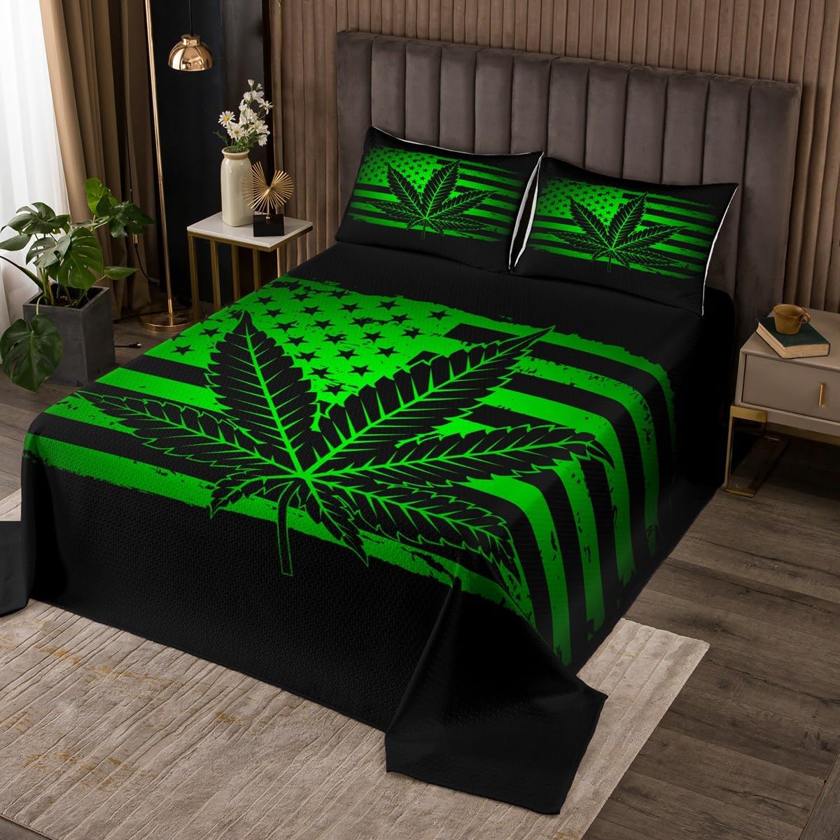 Rainbow Marijuana Weed Coverlet Set Chic Bohemian Tropical Plants Quilted Coverlet Boho Mandala Flowers Comforter Set Bedspreads Quilt Set for Children Kids Coverlet Set,Twin Size 2 Pcs