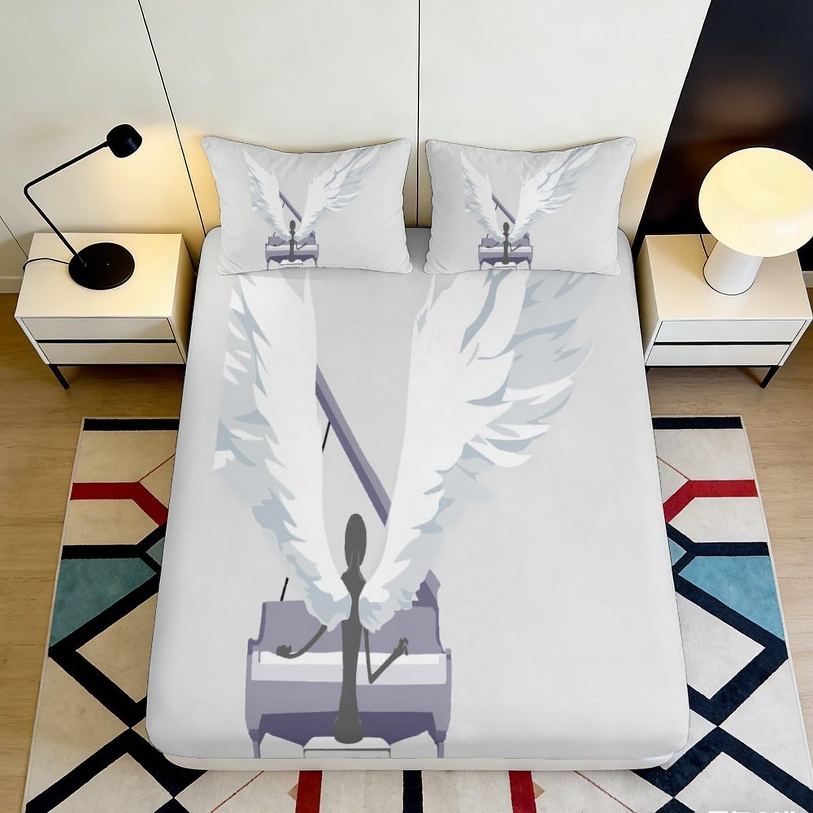 3D Printed Angel Wings Fitted Sheet Microfiber Soft Breathable Piano Bed Cover for Bedroom Dormitory Guest Room Mattress Protection Decor 120x200x25cm
