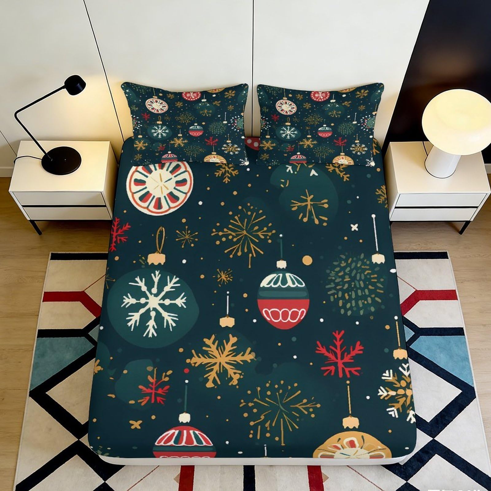 3D Printed Christmas Ornament Fitted Sheet Microfiber Soft Snowflake Bed Cover for Bedroom Guest Room Decoration 90x200x25cm