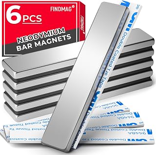 FINDMAG 6 Pack Strong Neodymium Bar Magnets Rare Earth N52 Bars 60x10x3mm with Double Sided Adhesive - Powerful Silver Pull Force