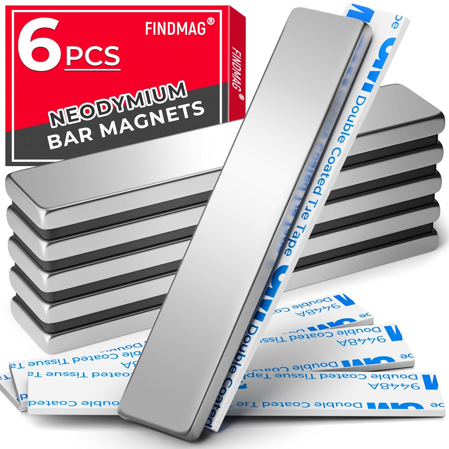 FINDMAG 6 Pack Strong Neodymium Bar Magnets Rare Earth N52 Bars 60x10x3mm with Double Sided Adhesive - Powerful Silver Pull Force