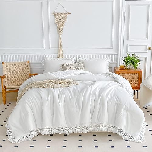 Miniatura 4 de Juego de edredón con borlas blancas, tamaño Queen de 90 x 90 pulgadas, 3 piezas con flecos rosados, juego de ropa de cama bohemio de microfibra