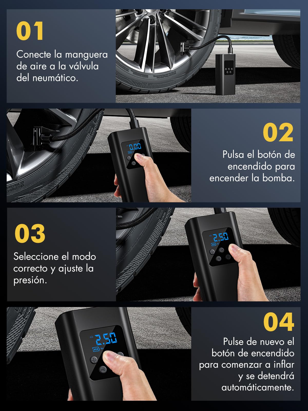 Compresor Aire Portátil – Potente Inflador Ruedas Coche 45L/min, Compresor Aire Coche Rápido con Luz LED, Batería 6000mAh, 4 Modos para Coches, Bicis, Motos y Pelotas