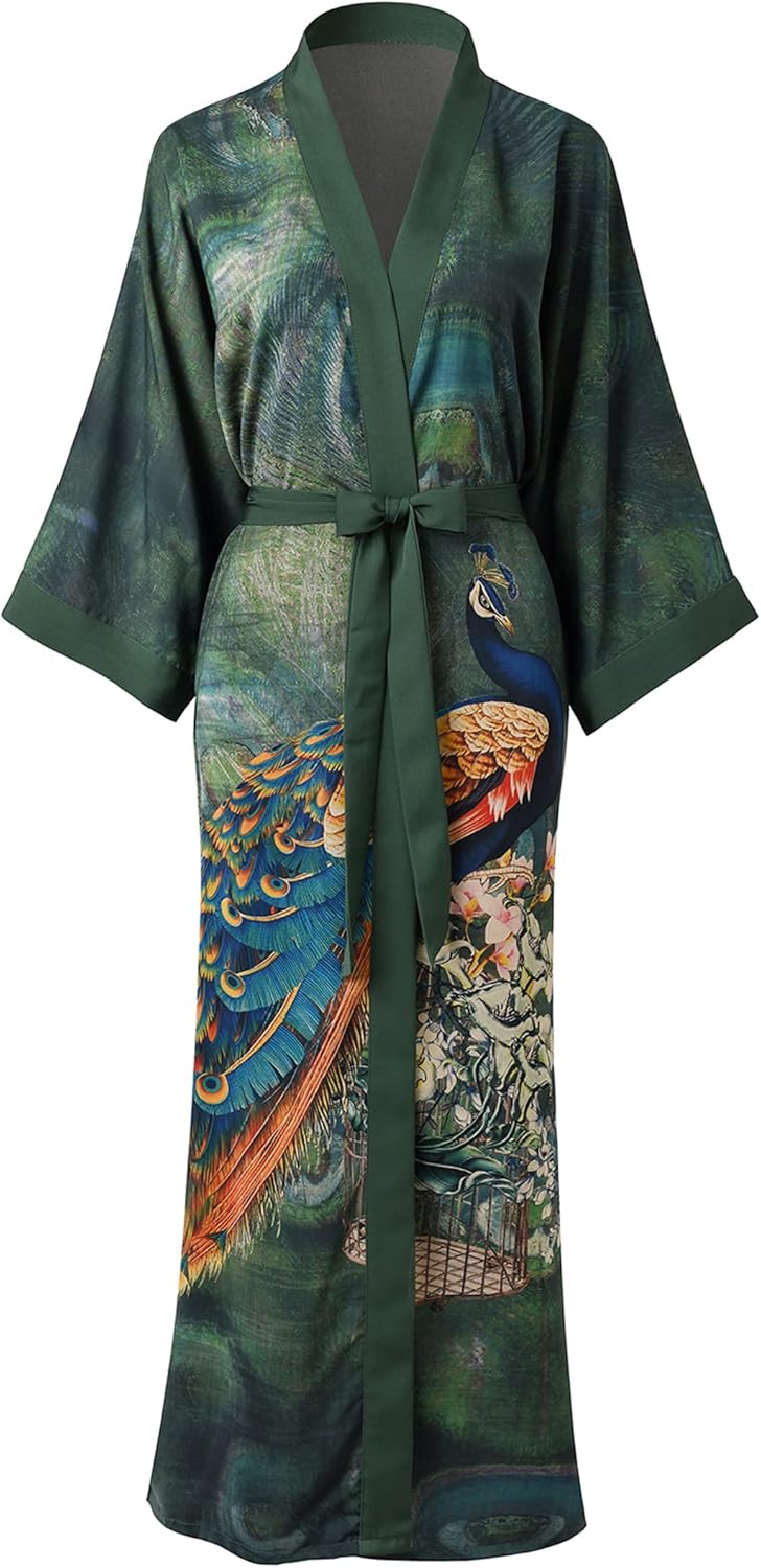 Ledamon Women's Kimono Long Robe - Classic Floral Bathrobe Nightgown
