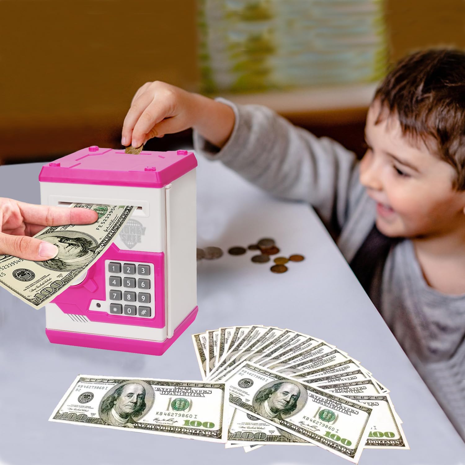 Renvdsa Electronic Piggy Bank for Kids 5 6 7 8 9 10 11 12 Year Old Girl Birthday Gifts Fun Toy for Age 5-12 for Kids to Save Cash and Coins (White Pink)