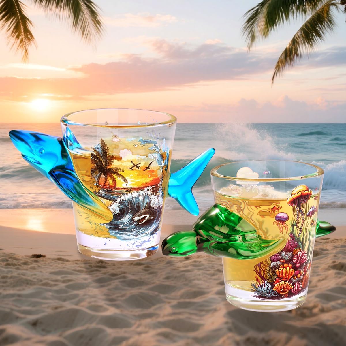 Turtle & Shark Glass Shot Glasses, Unique Ocean Series Shot Glass, 50ml Shot Cups Set of 2 with Gift Box for Alcohol Shots, Vodka, Expresso, Tequila & Dessertsor, Party Christmas Gift, Grreen & Blue
