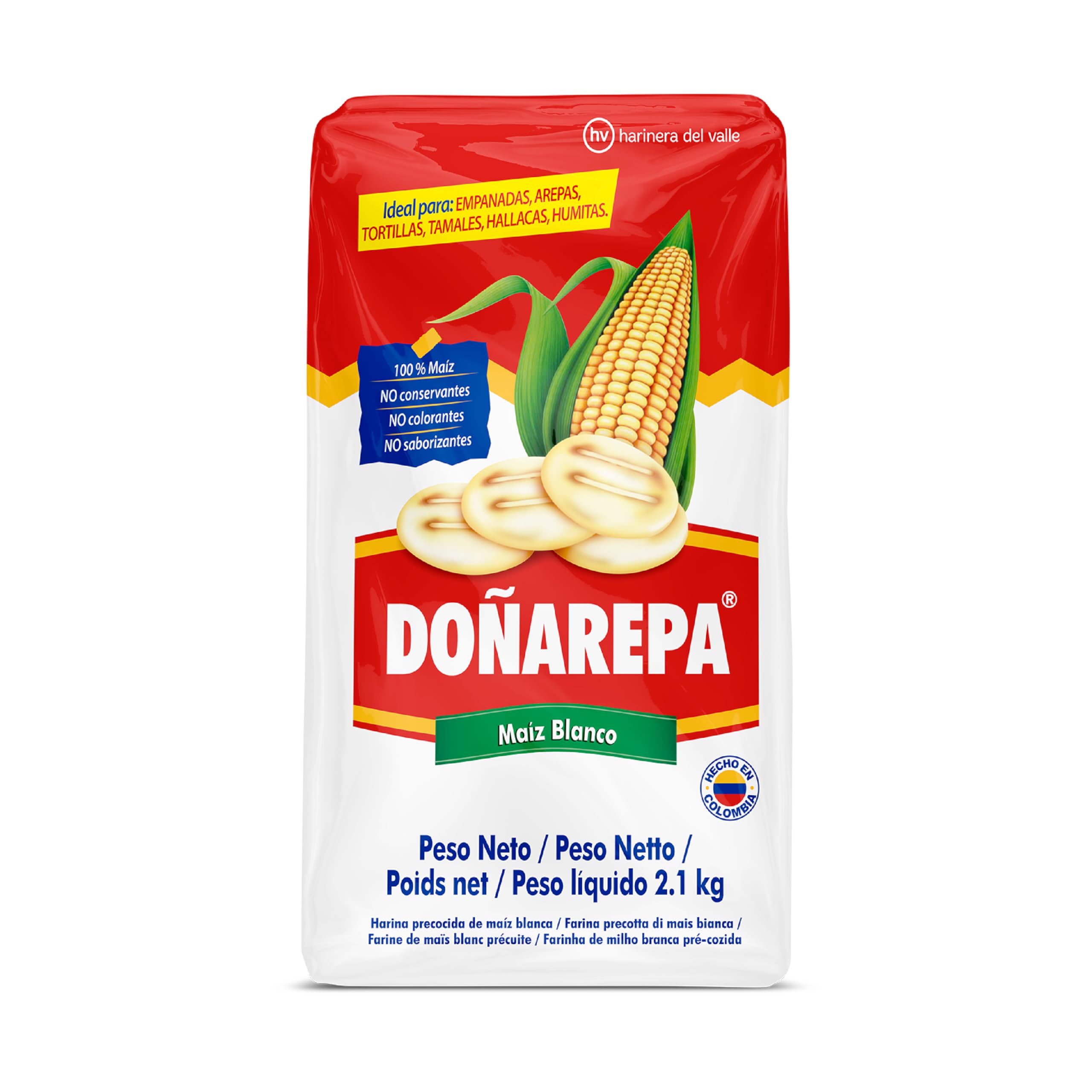 Doña Arepa - Harina de Maíz Blanco Extrafina - Formato de 2,1 Kg | Harina de Maíz - Rico en Fibra - Ideal para Preparar Arepas Colombianas, Cachapas y Platos típicos