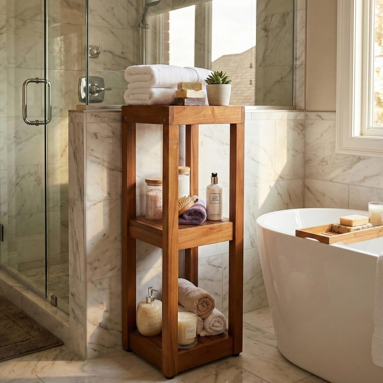 AquaTeak The Original Sula Square Three Tier Teak Bath Stand