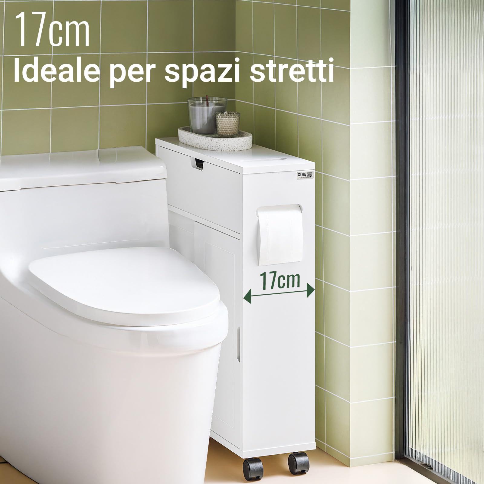 SoBuy Mobiletto Bagno Salvaspazio con Ruote 52x68x17 cm Bagno | Armadietto da Bagno con Ante Scorrevoli E Ribaltabile, Comò per Piccoli Spazi e Niche, Bianco, BZR31-W