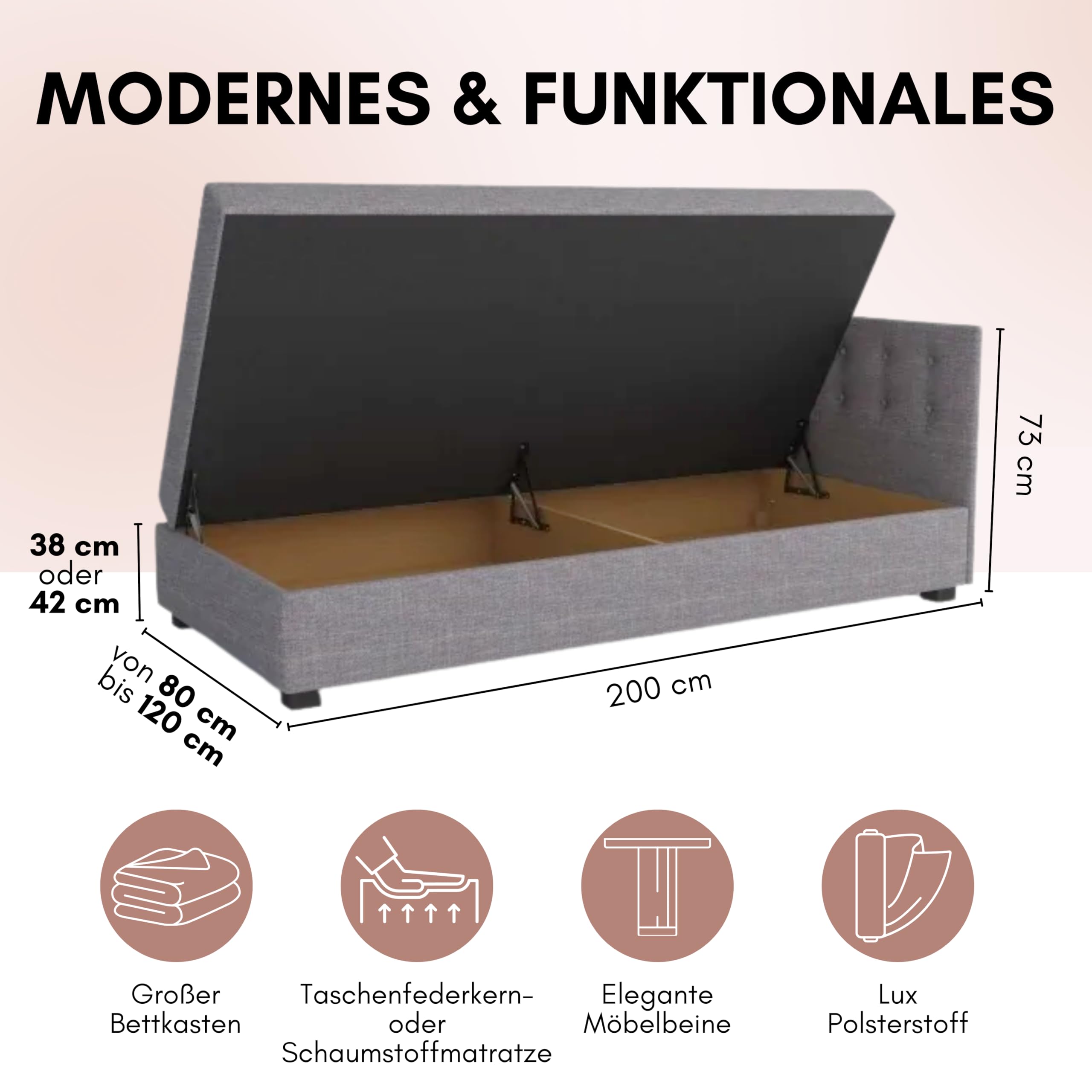 Boxspringbett Olaf 80x200x38 cm mit Schaumstoff Matratze, Bett mit Matratze, Polsterbett mit Bettkasten, Gepolstertes Einzel Bett, Schlafsofa - Biskuitbeige