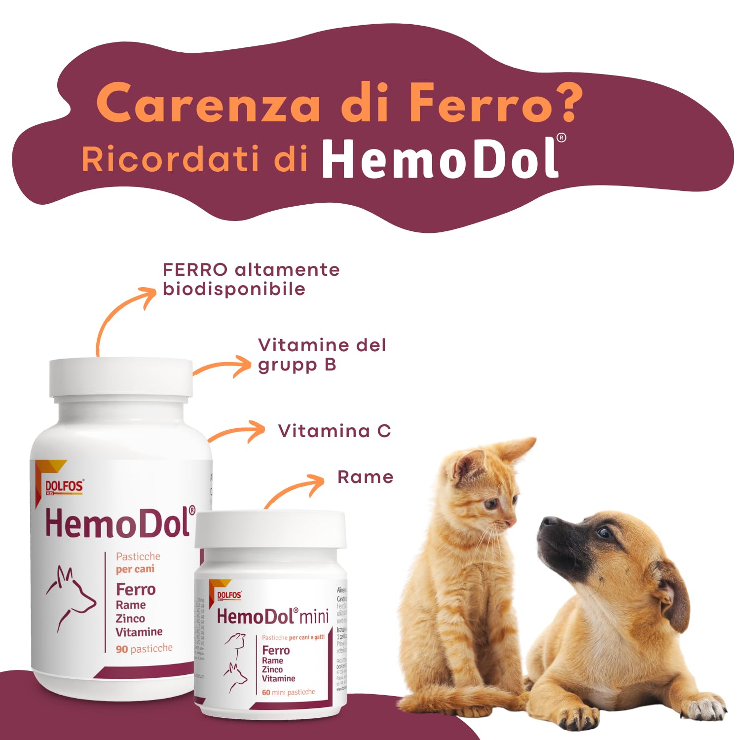 Pets Dolfos Hemodol 60 Mini comprimés - Support complémentaire pour chien et chat pour anémie - Formule avancée contre la carence en fer - Contient du fer, du cuivre zinc et des vitamines
