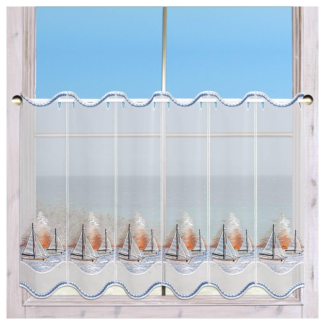 Bestickte Scheibengardine Segeln in den Sonnenuntergang aus Echter Plauener Spitze Maritime Badgardine 55 x 96 cm