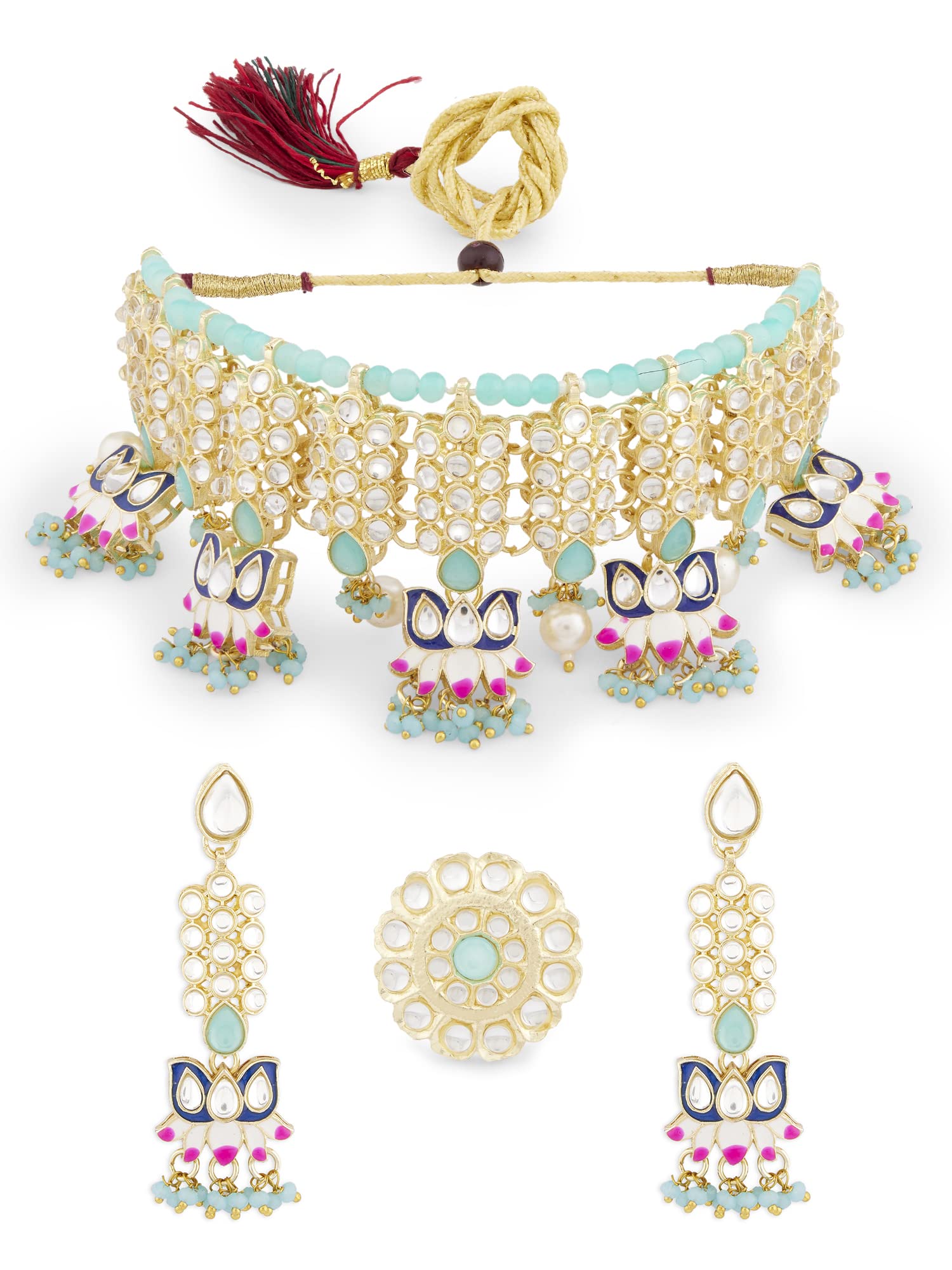 ZAVERI PEARLS Blue & Pink Meenakari Lotus Drop Kundan Choker Necklace Earring & Ring Set For Women-ZPFK13202 (B09ZLBKKXQ) Amazon Price History, Amazon Price Tracker
