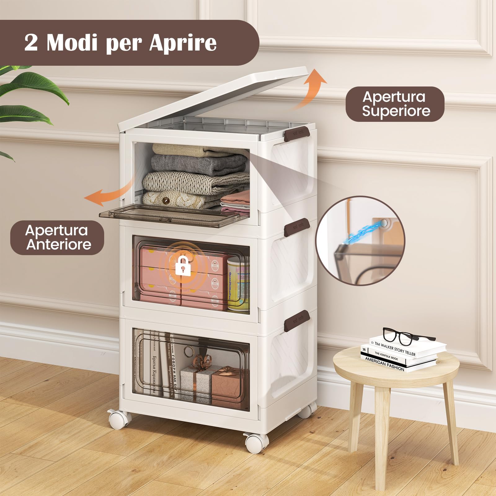 Contenitori impilabili a 3 ripiani in plastica con ruote e ante trasparenti, contenitori pieghevoli per soggiorno, camera da letto, dormitorio, lavanderia, cucina
