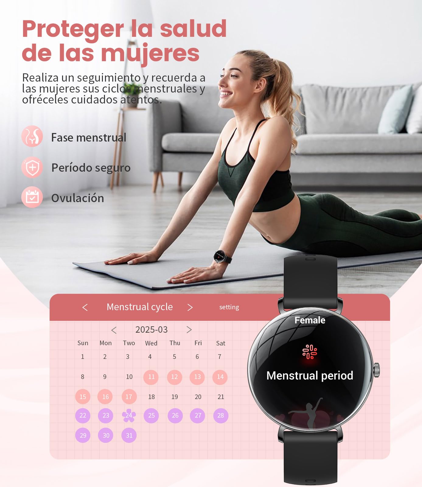 Reloj Inteligente Para Mujer, 1,43" HD AMOLED Smartwatch Con Android iOS, Llamada Bluetooth, Salud Femenina/100+ Modos Deportivos, 100+ Diales, Recordatorio De Mensaje, 5ATM Sellado, Memoria De 128 MB