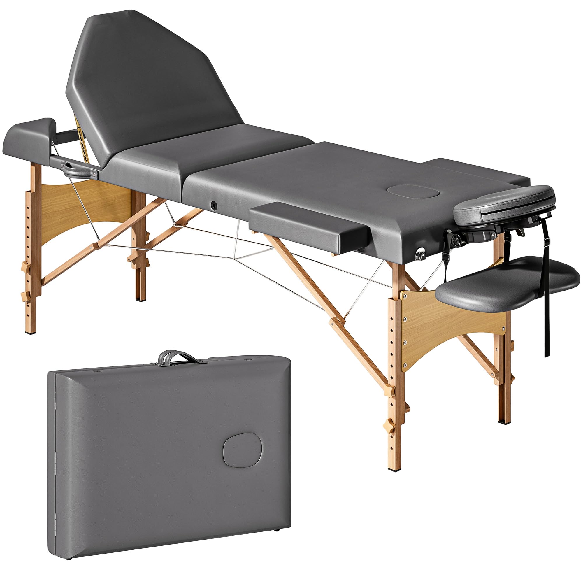 HOMCOM Table de Massage Pliante, lit de Massage 3 Zones Portable 185 x 60 cm, Hauteur et Dossier réglables, Appui-tête, accoudoirs, Repose-Bras, Table esthétique Tatouage en Bois de hêtre, Gris