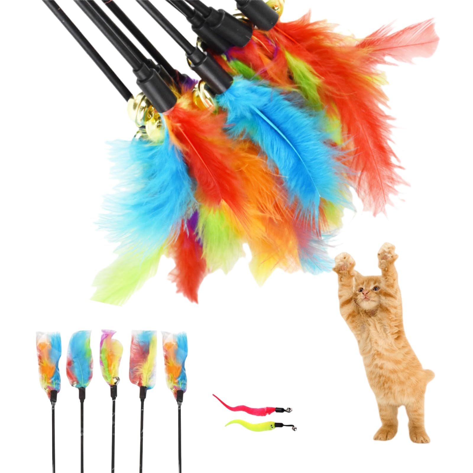 Juguete Interactivo Gato,Juguetes para Gatos,Plumas Juguete Gato,Varita Juguetes para Gatos Interactivos,Juguetes para Gatos Interactivos Varita con Campanas,con 2PCS Juguetes de Gusanos Mágicos
