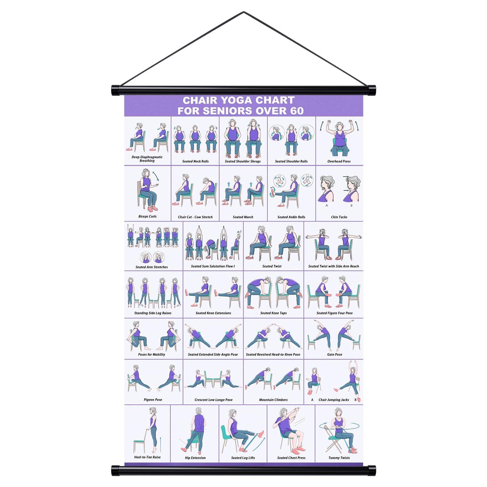 Affiche de yoga sur chaise pour seniors et débutants – tableau mural de yoga en tissu avec barres de suspension – affiche suspendue pour sport maison et mobilité douce, Guide d'activités d'étirement