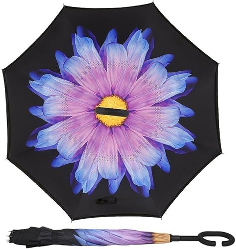 Miniatura 9 de Paraguas reversible y plegable de doble capa a prueba de viento, con soporte propio de diseño invertido, protección contra la lluvia, con mango en
