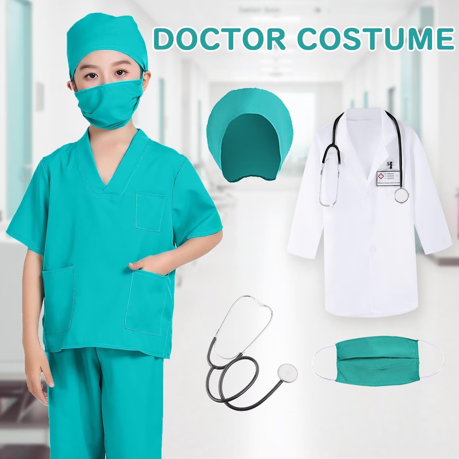 Costume da Dottore per Bambino Bambina Con Camice Dottore Scrub Stetoscopio Kit Dottore Chirurgo Medico Costume per Ragazzi Ragazze Gioco di Ruolo Carnevale Halloween Cosplay