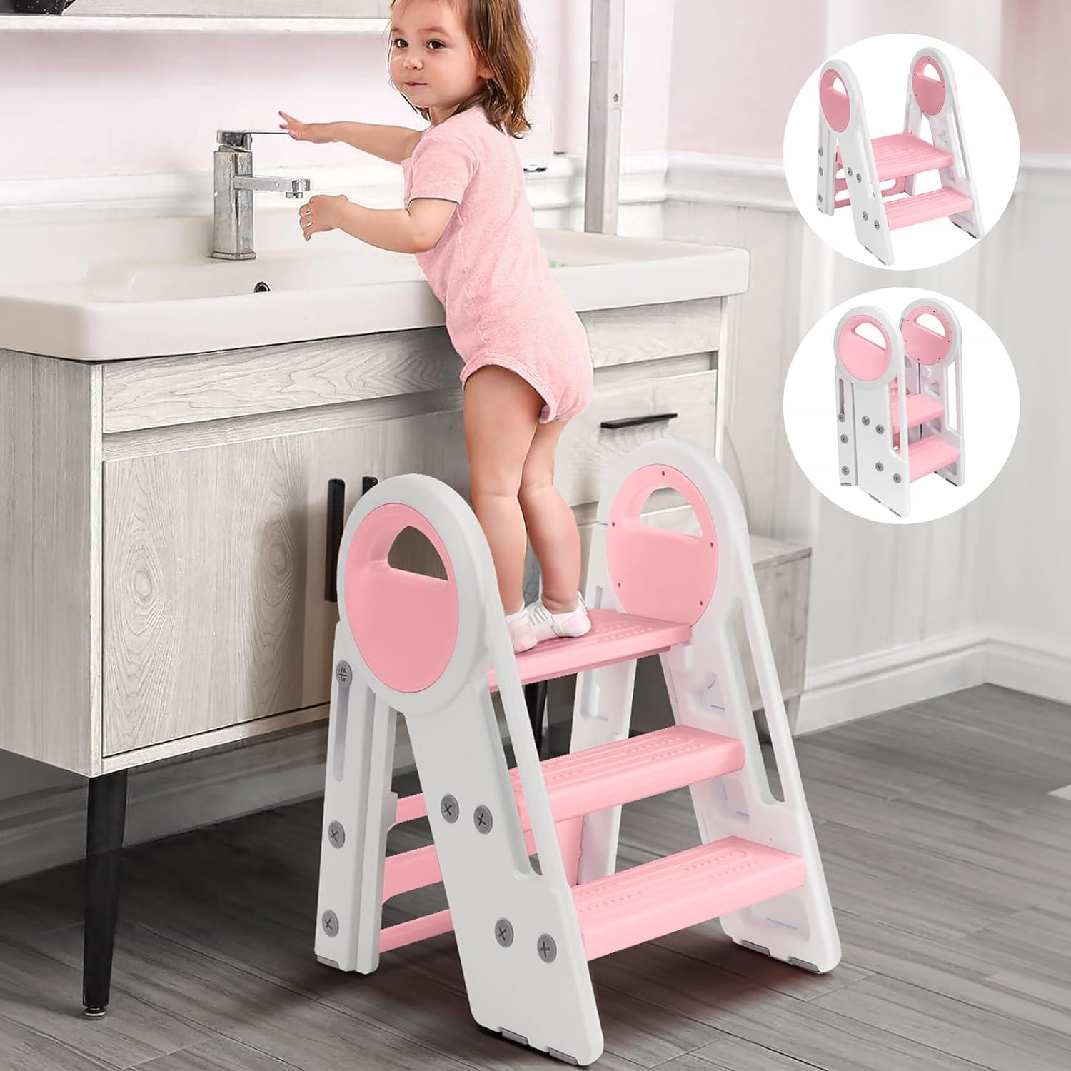 Hcosmy Foldable Toddler Step Stop for Bathroom Sink, Adjustable 3 Step Stool for Kids Toilet Potty Training Stool, Child Kitchen Counter Stool Helper, Plastic Ladder for Toddlers (pink)