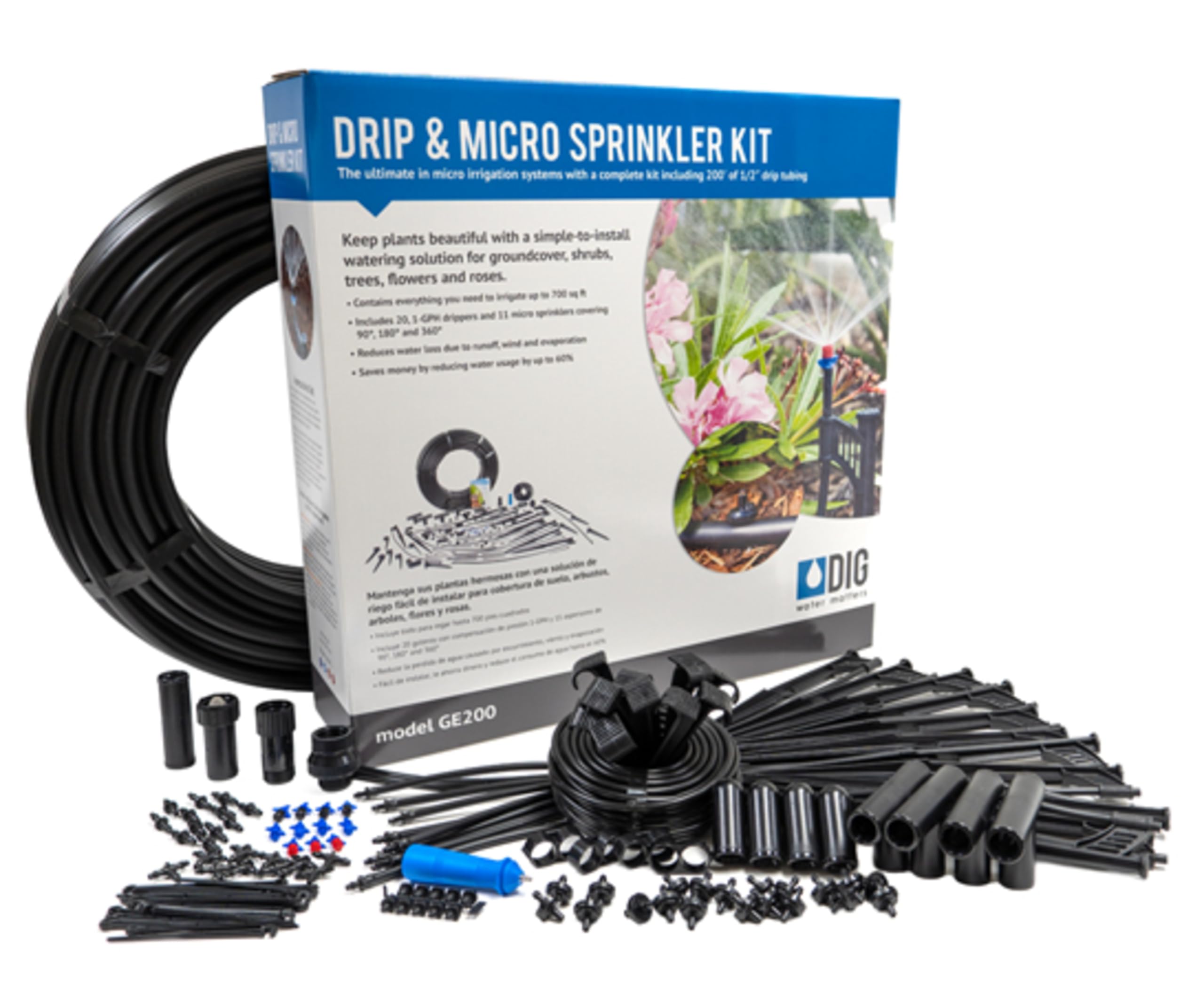 DIG GE200 Drip & Micro Sprinkler Kit - Versatile 122-Piece Set for Diverse Gardens, Ideal for Efficient Watering