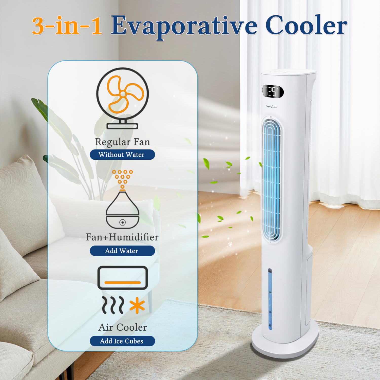 Taylor Swoden 3 in 1 raffrescatore d'aria portatile, Raffrescatore evaporativo silenzioso con serbatoio da 6 l, timer da 12 ore, 3 modalità, 3 velocità, telecomando, oscillazione, 95 W,…