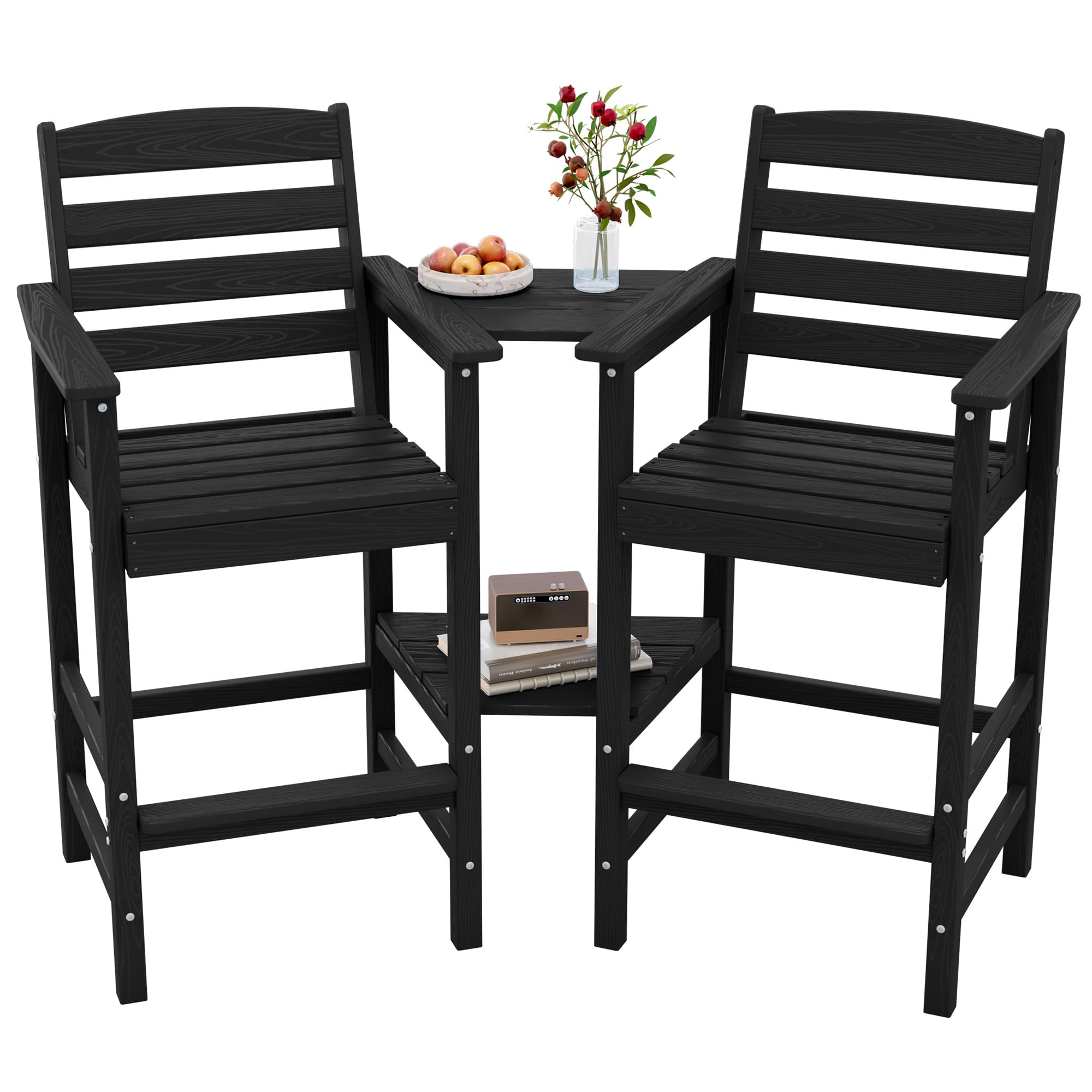 SERWALL Tall Adirondack Chairs Set of 2, Outdoor Bar Height Barstools Chair Set for Bistro, Poolside, Garden, Black (2 Pcs (Connecting))