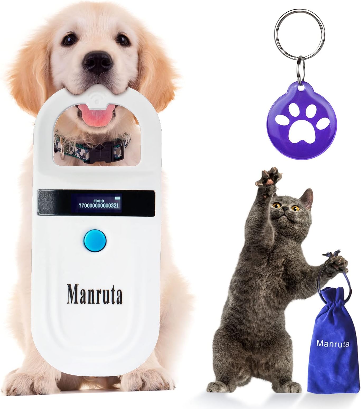 Pet ID Microchip Scanner and Reader Portable for Dogs and Cats ,134.2khz FDX-B ISO 11784/11785 with Microchip Collar Tag Gift
