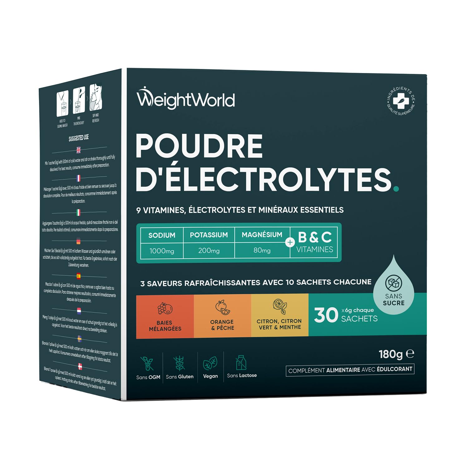Electrolyte Poudre Vegan, Electrolyte sans Sucre, avec Vitamine C, B1,B3,B5,B9,B12, Magnesium, Potassium, Sodium 3 Saveurs : Baies, Citron Vert & Menthe, Orange & Pêche Sachets, Alternative Pastilles