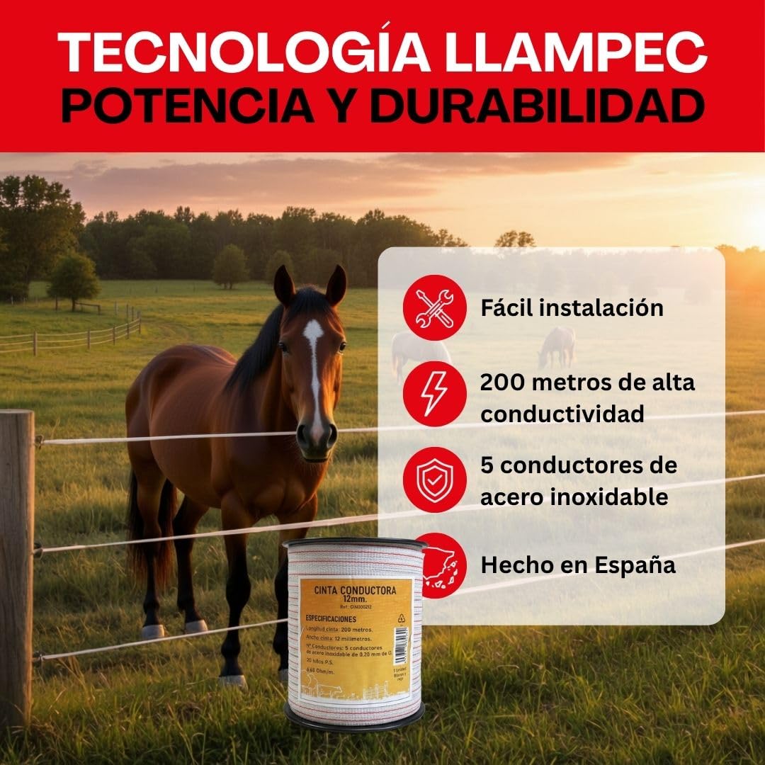 Llampec Hilo Pastor Eléctrico 200 m x 12 mm – Cinta 5 Conductores Acero Inoxidable – Alta Conductividad y Resistencia UV – Cable Valla Eléctrica para Caballos, Vacas y Perros – Bobina Conductora