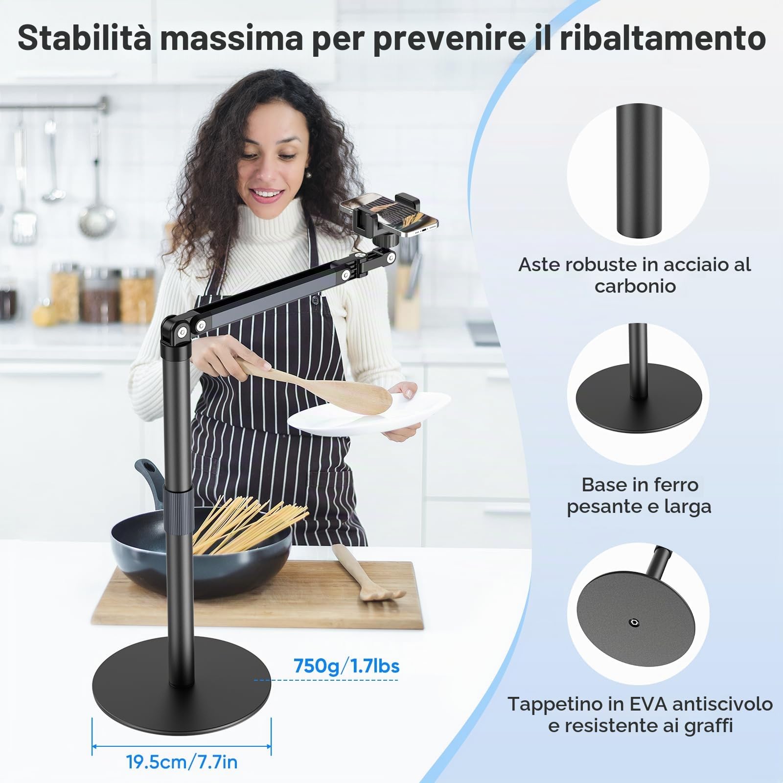 Supporto Telefono Scrivania con Base Robusta, Porta Cellulare da Tavolo Multiuso, 360° Supporto Cellulare da Tavolo, Porta Cellulare per Riprese Video, Live Streaming, Cucina e Pittura