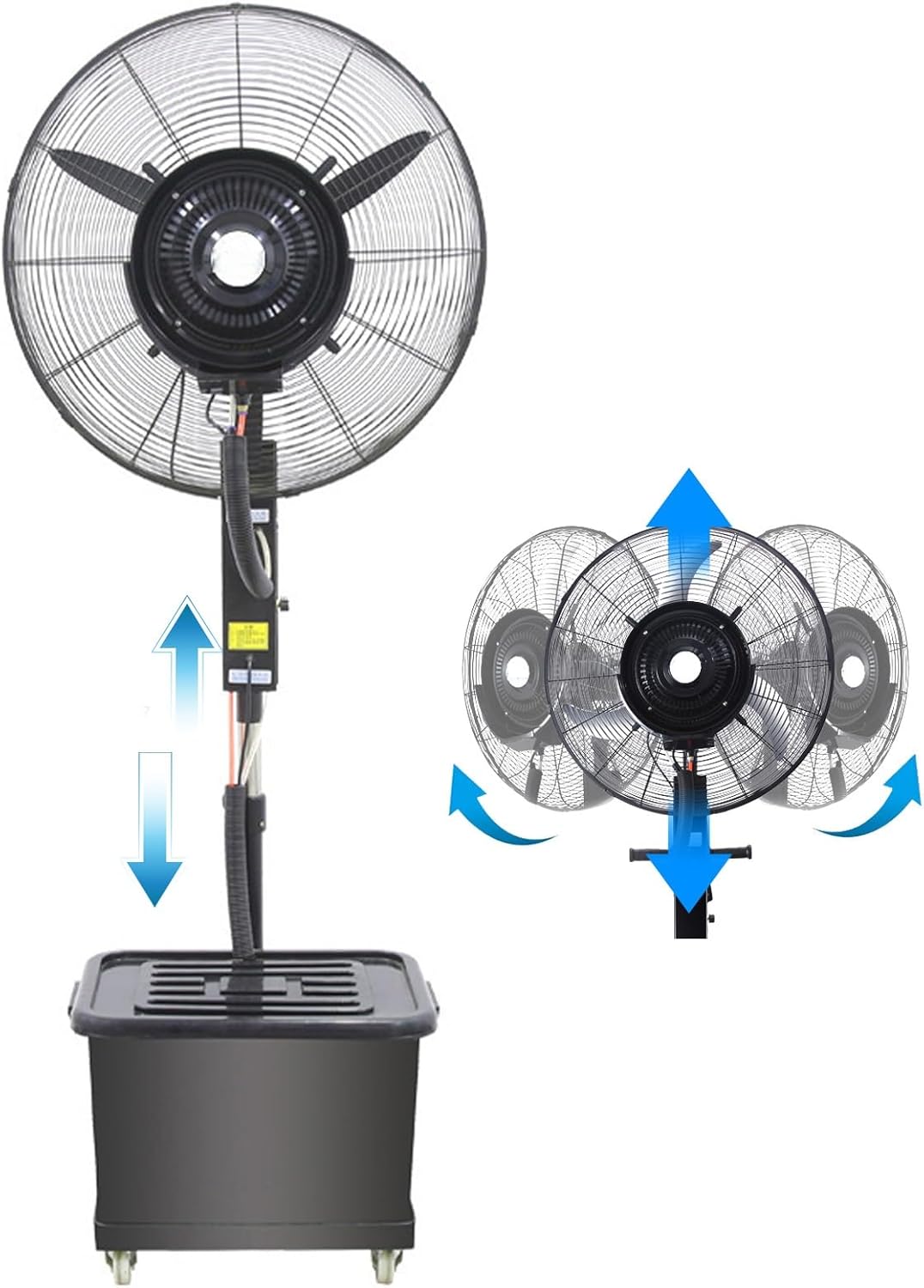 Misting Fan 25.6/29.5in Outside Pedestal Cooling Fan Industrial Oscillating Stand Fan 3 Wind Speeds with 42L Water Tank for Patio Restaurant Backyards Garage, Black(Lifting,65cm)