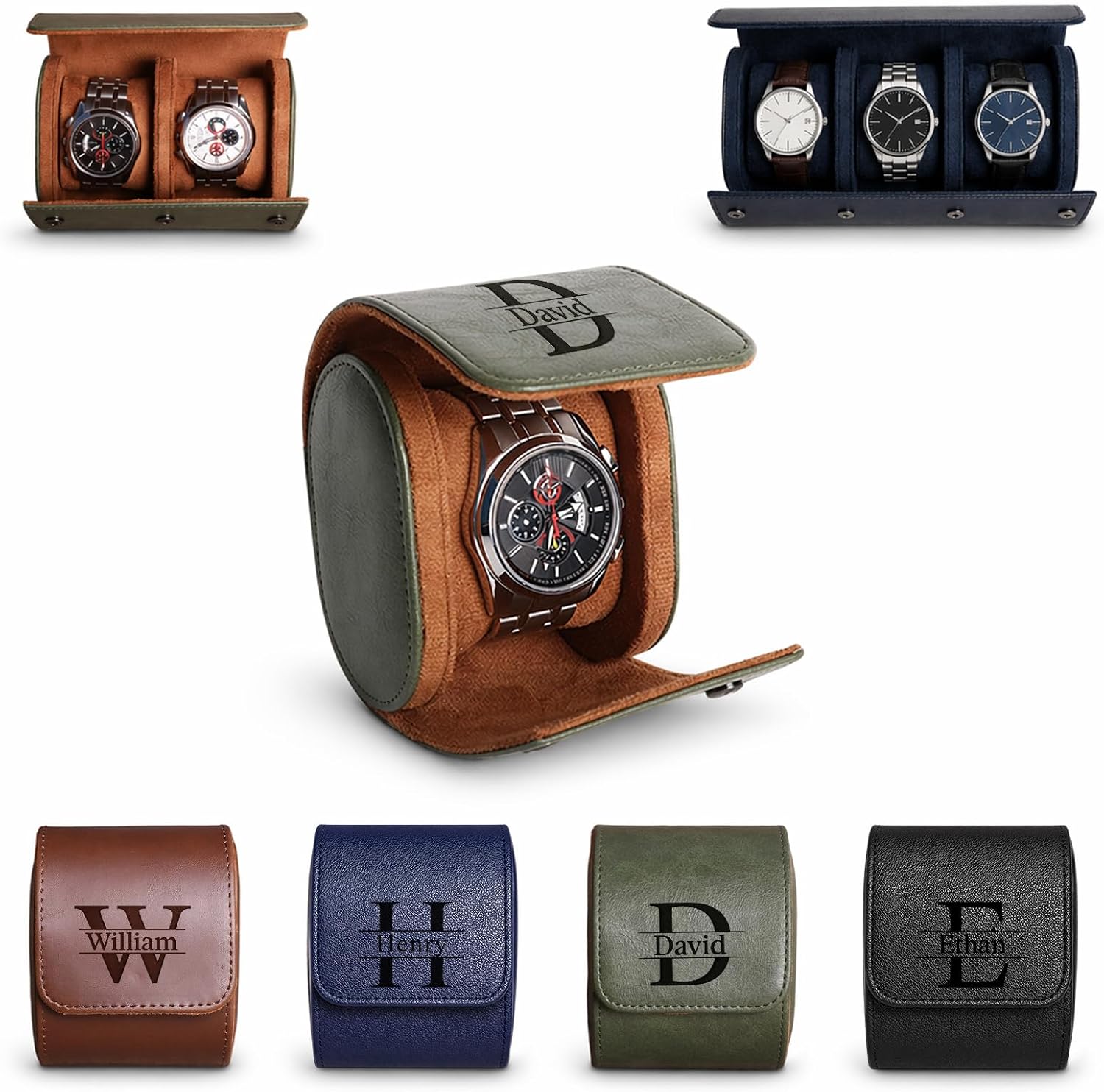 Personalized Leather Watch Travel Case for Men, Custom Name Watch Roll Travel Case, Single Double Triple Watches Cases Father's Day Heartfelt Gift for Dad, Portable Jewelry Box for Storage