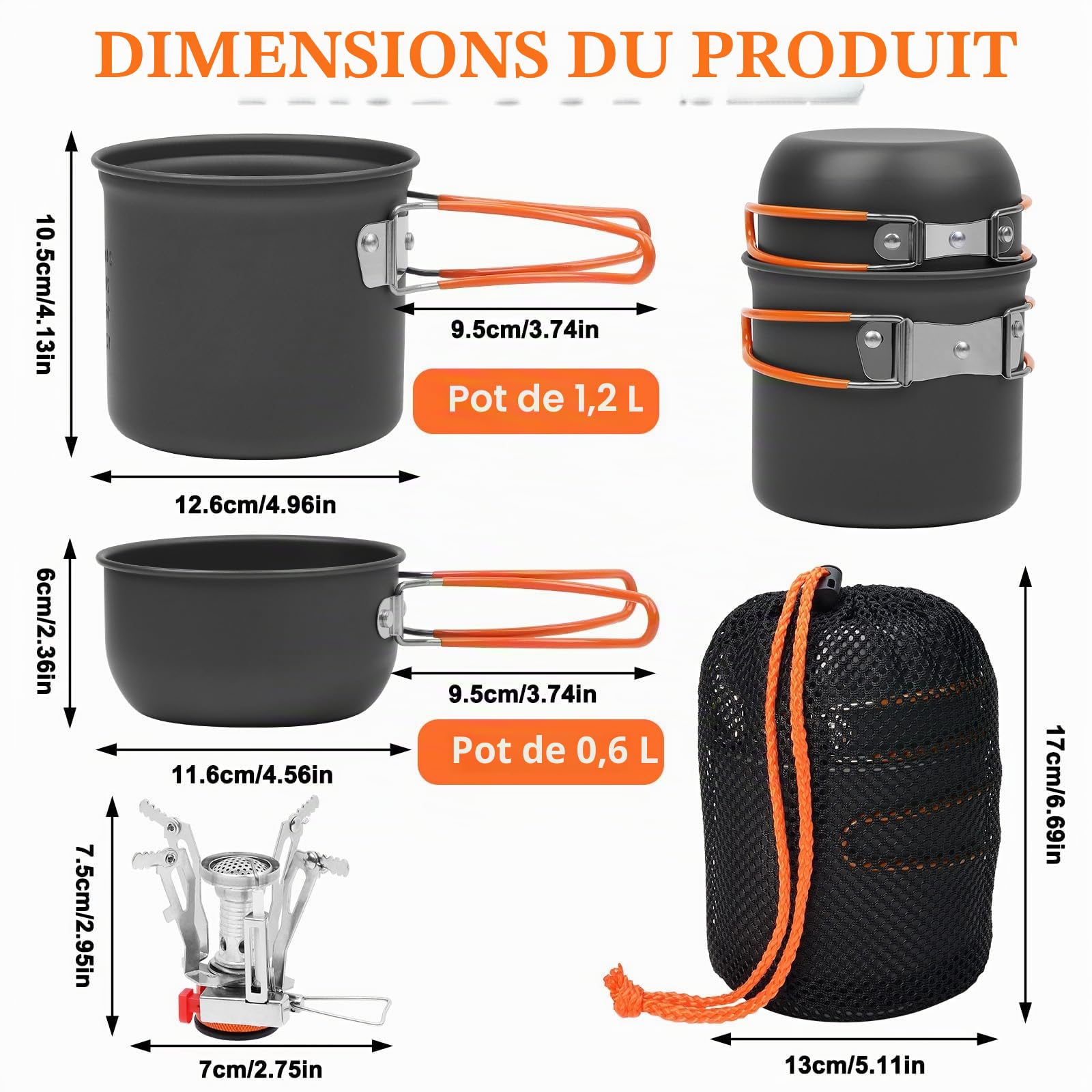 Casserole Camping Kit, Durable Popote Bivouac en Alliage D'alu, Cuisine de Camping Légère avec Mini Réchaud de Camping, Bouilloire, Vaisselle pour 1-2 Personnes Camping, Randonnée, Pêche