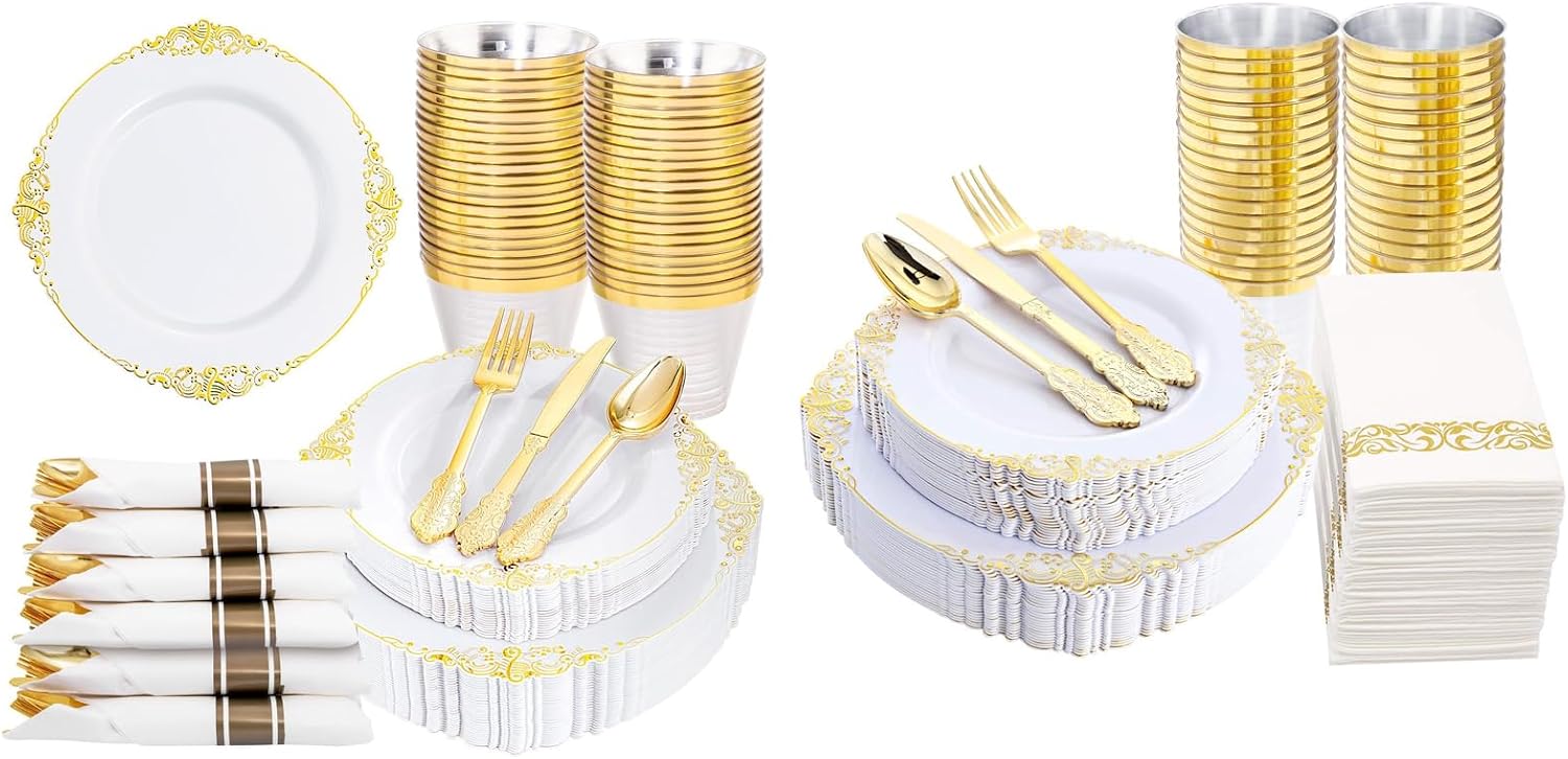 Nervure White and Gold Plastic Plates & Pre Rolled Napkins with Plastic Cutlery Include Gold Disposable Plates Gold Plastic Silverware, Cups, Napkins for Wedding & Pa