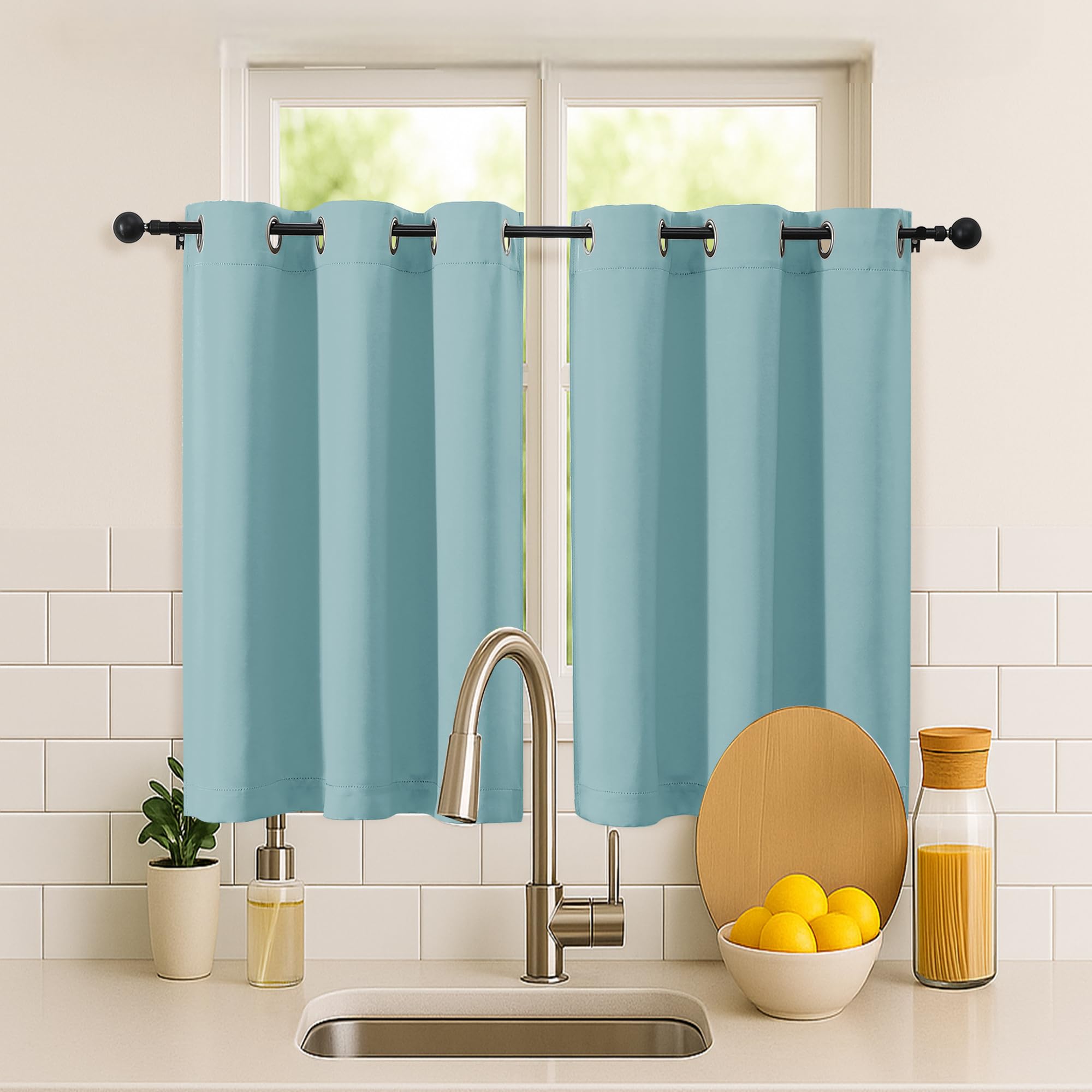 Simplebrand Aqua Short Cafe Curtains 36 Inch Length 2 Panels Set, Half Window Grommet Privacy Drape Tiers for Kitchen, Thermal Insulated Room Darkening Curtains for Bathroom Shades, W40 x L36