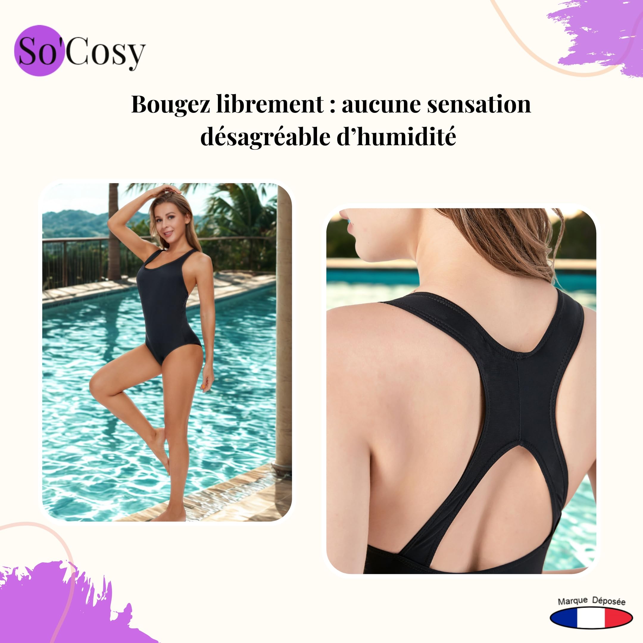 So'Cosy Maillot de Bain Menstruel 1 Pièce - Anti-Fuite Règles et Post-Partum, Flux Léger à Modéré - Étanche, Confortable, Discret - Femme & Ado