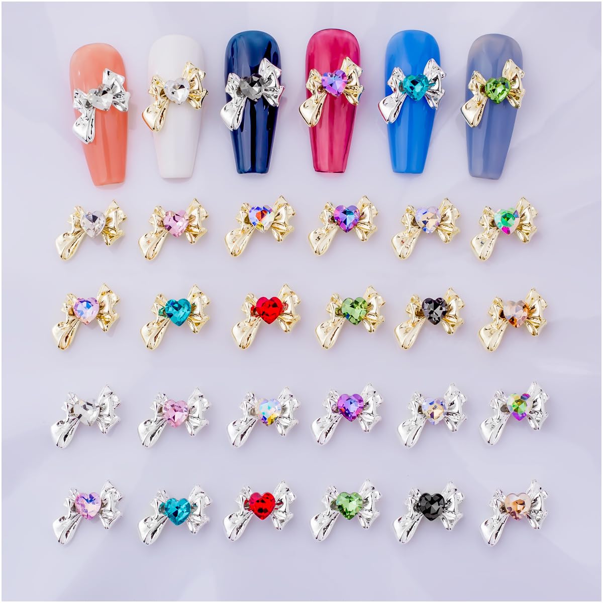 SHANRUN 24 Pcs 5D Alloy Bow Charms and Gems - Heart Gems Nail Art Supplies Silver Gold Rhinestones for Acrylic Press on Nails DIY Design Cute Kawaii Crystal Y2K Fake Accessories