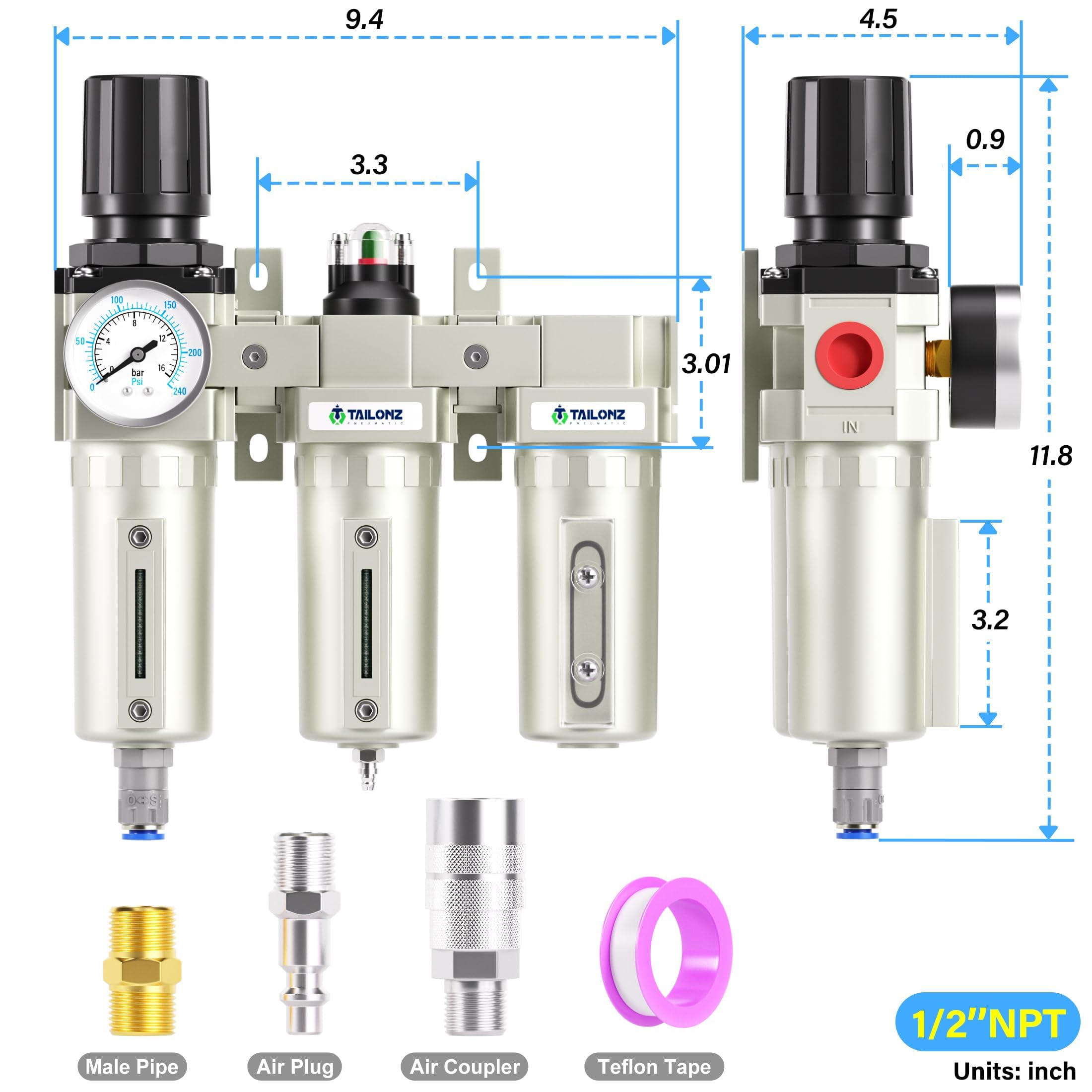 TAILONZ NEUMATIC 0-240PSI Dreistufiges industrielles Lufttrocknungssystem, 1/2 Zoll NPT, Partikelfilter, Koaleszenzfilter, Trockenmitteltrockner und Luftregler (Drainage)