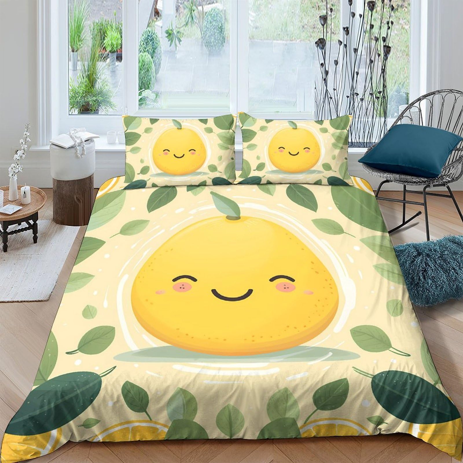 GPLZQXKJNH 3D Printed Cute Lemon Duvet Cover Microfiber Soft Breathable Smiling Fruit Bedding Set with 2 Pillowcases for Bedroom Decor Single（135x200cm）