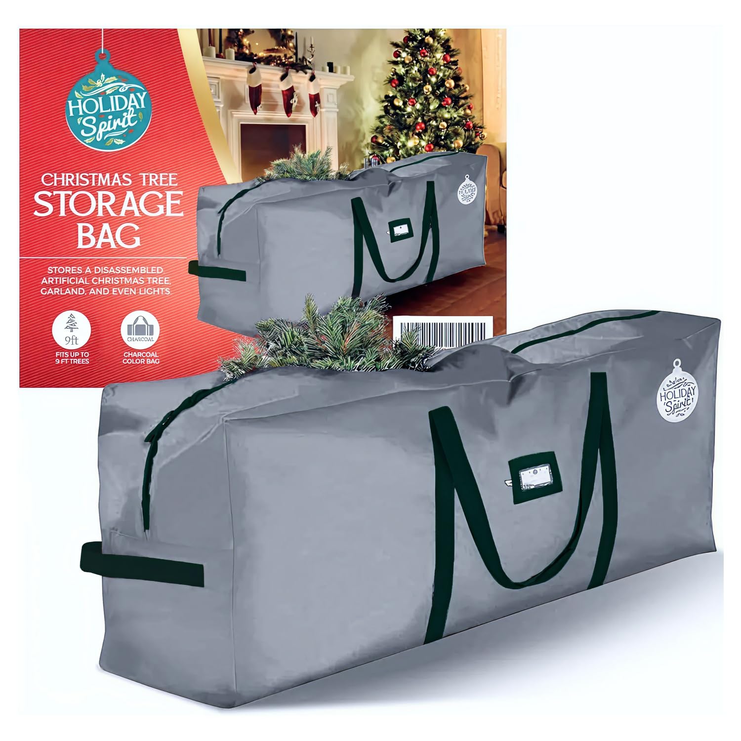 HOLIDAY SPIRIT Christmas Tree Storage Bag - Heavy-Duty Waterproof Christmas Tree Bag with Durable Reinforced Handles and Dual Zippers - Fits 7.5ft Tree, Protects from Dust and Moisture - Charcoal