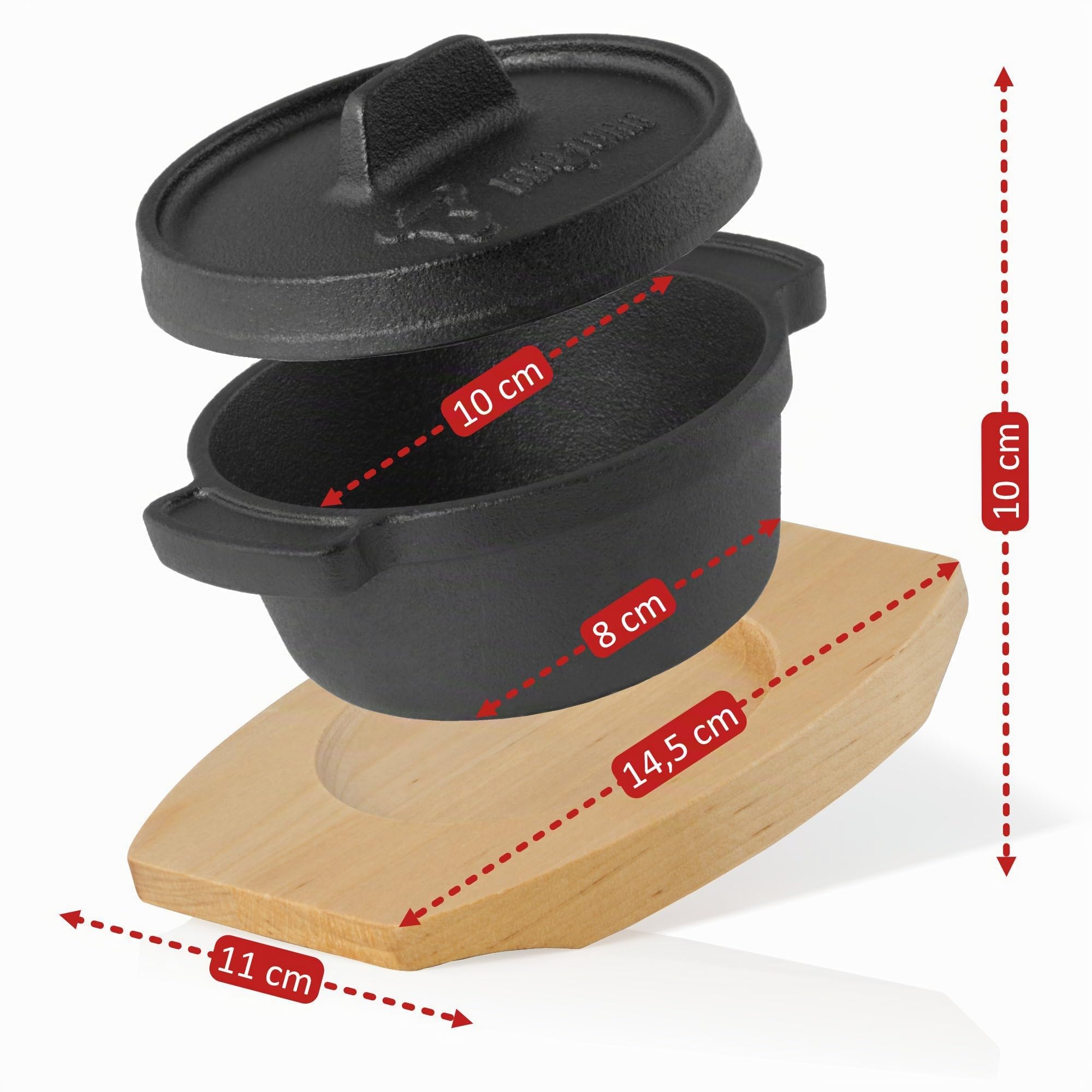 BBQ-Toro Mini Dutch Oven (1 pezzo) | Ø 11 cm | Casseruola da portata in ghisa con supporto in legno | già pretrattata - preseasoned | Piccola casseruola da forno in ghisa