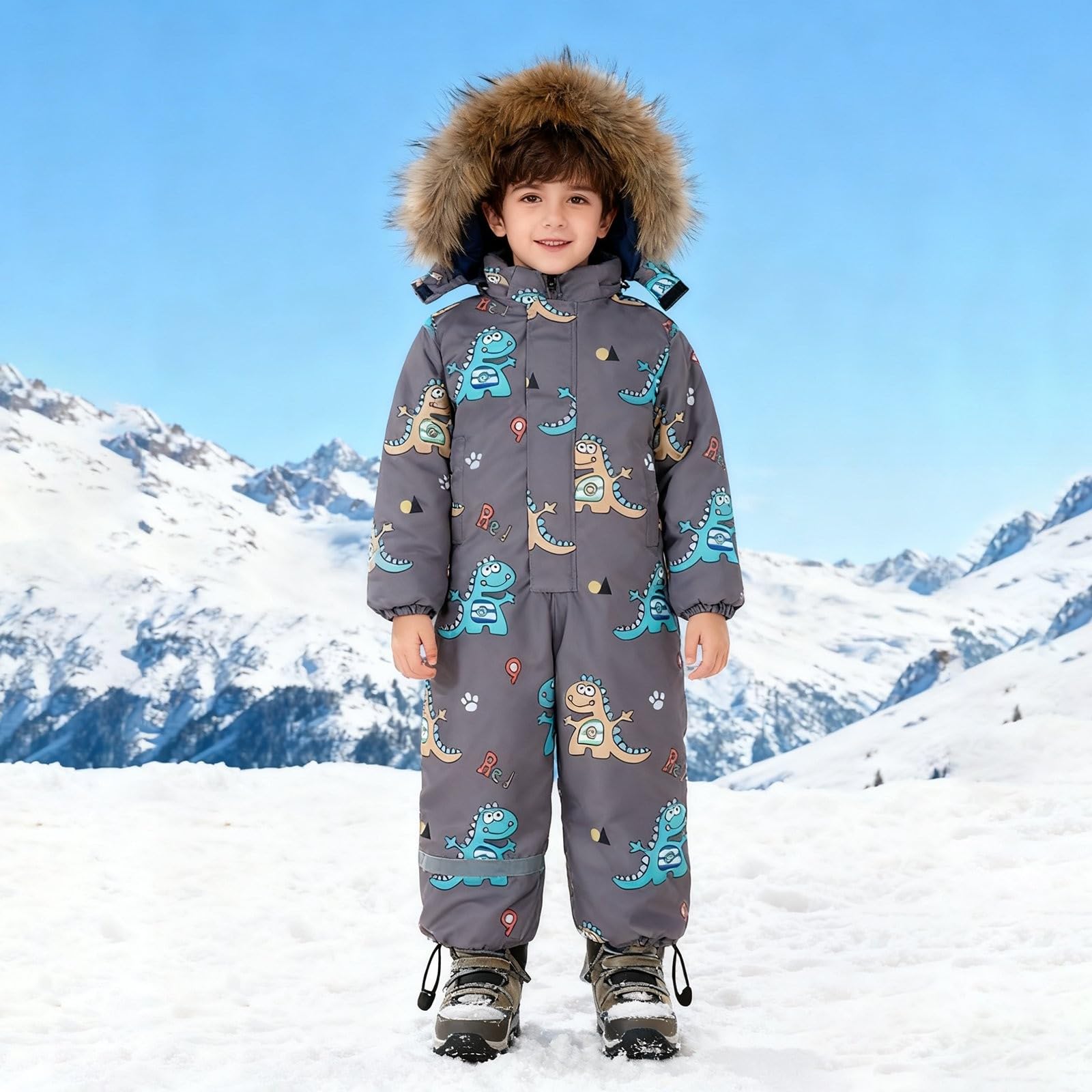 Mono de invierno para niños con capucha, unisex, traje de esquí con estampado de dinosaurios, traje de nieve, resistente al viento, impermeable, cálido, mono de nieve, cierre de cremallera, traje de